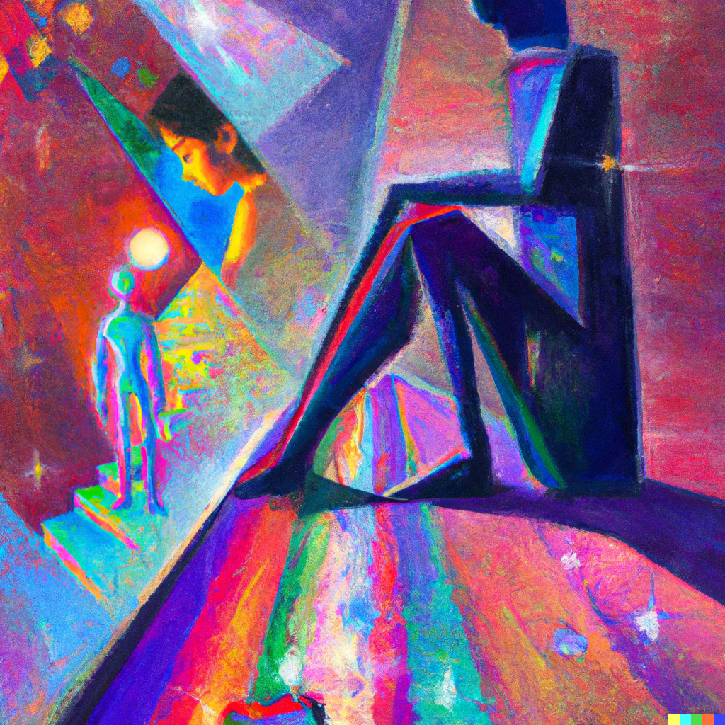 AI generated image of a boxy person sitting, framed by rainbow colors and alternate dimensions