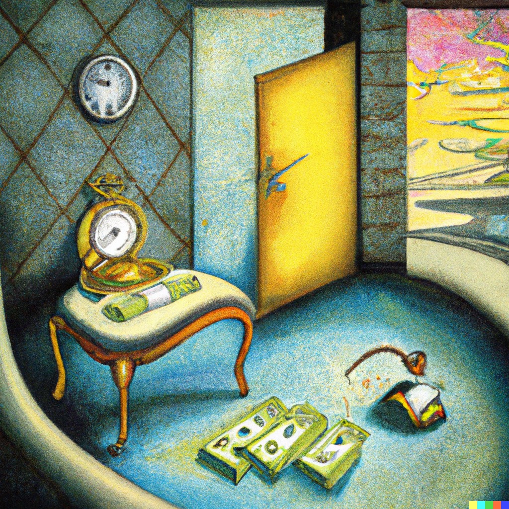 AI generated image of a room containing what appears to be a clock on a chair and stacks of cash on the floor, a door is open to the surreal landscape outside