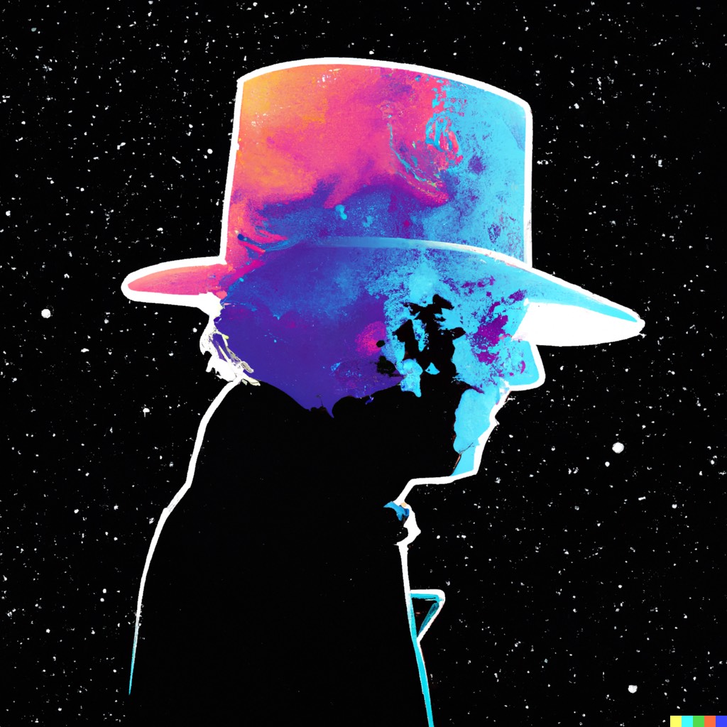 AI generated image of a silhouette of a man wearing a hat in front of stars in background