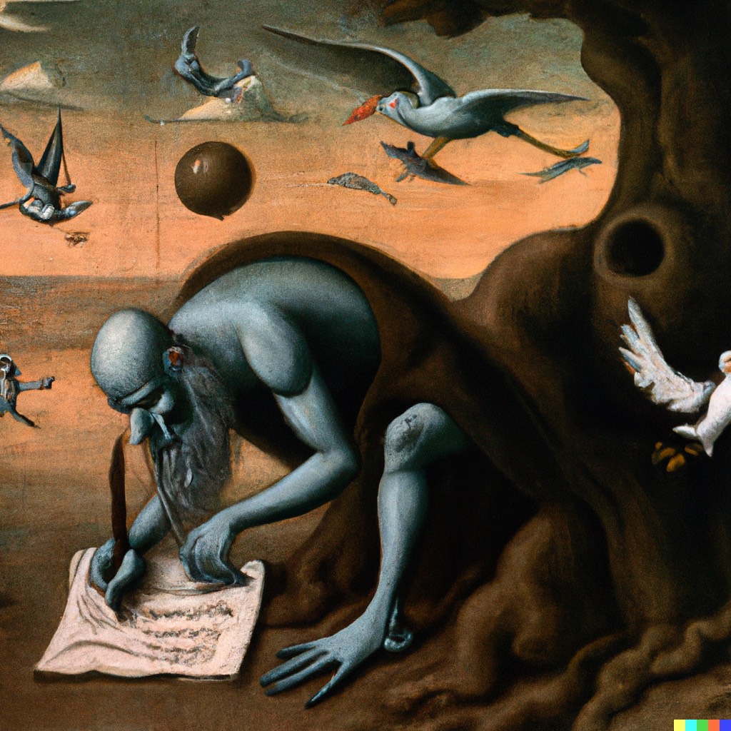 AI generated image of a hellish scholar hunched over parchment next to a tree with birds and an orb overhead