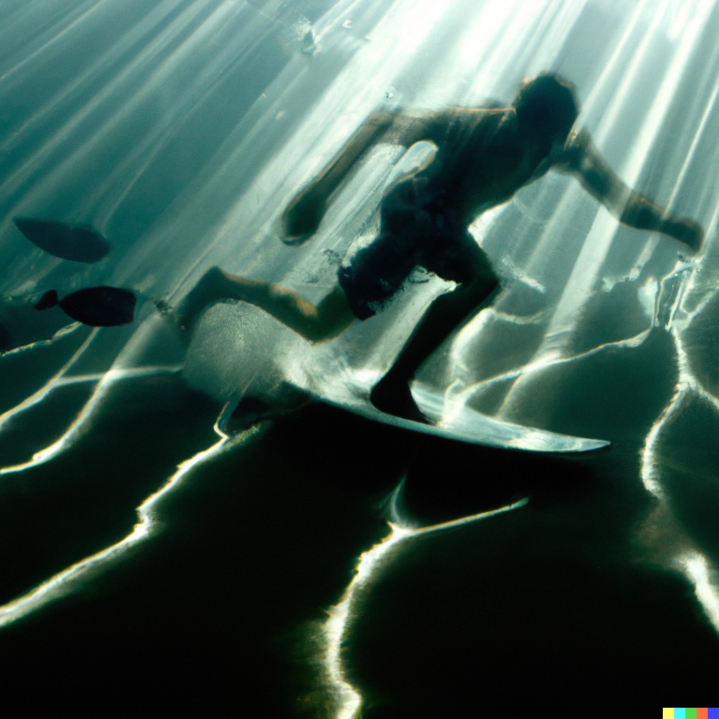 AI generated image of a surfer skating on the sea floor