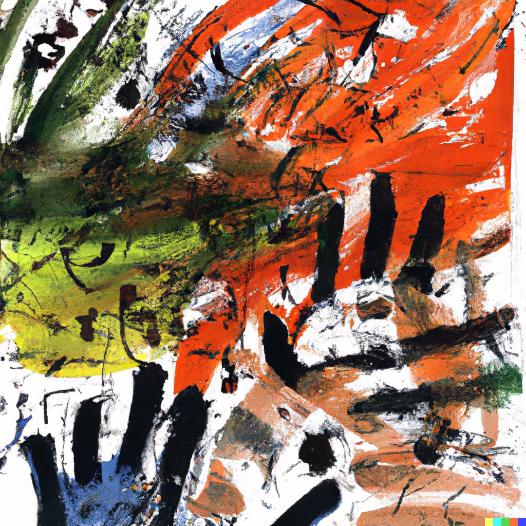 AI generated image of a colorful finger painting accentuated with two black hand shapes