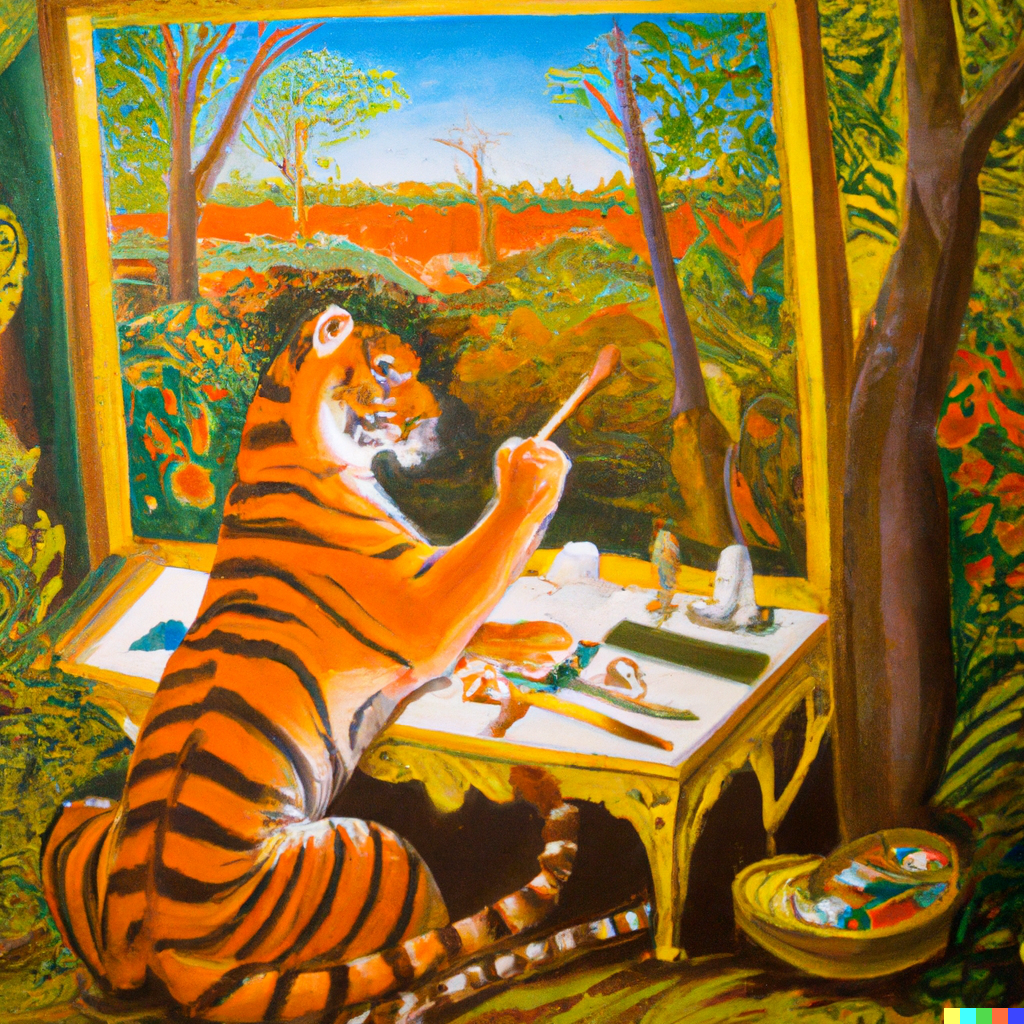 AI generated image of a tiger sitting, painting a landscape