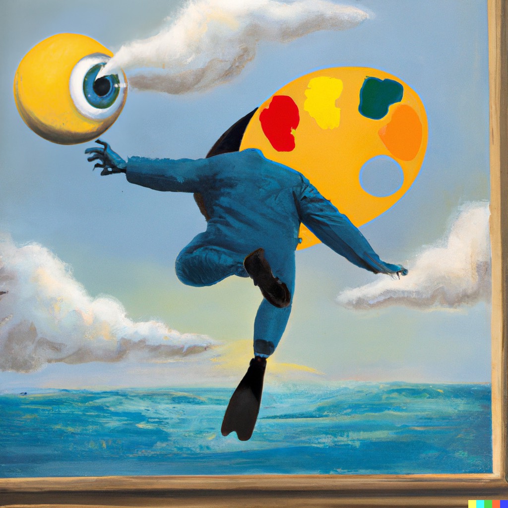 AI generated image of a surreal diver above the sea in front of a paint pallete